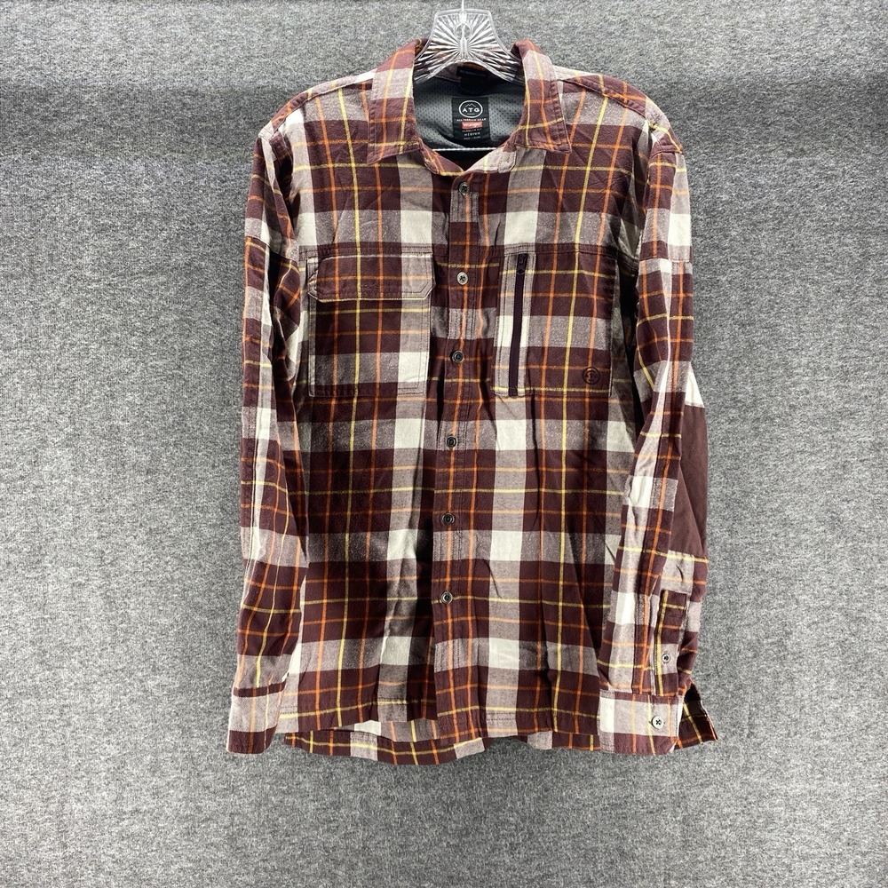Wrangler ATG‎ Shirt Mens Medium Brown Plaid Flannel Excellent Zip Pocket Outdoor